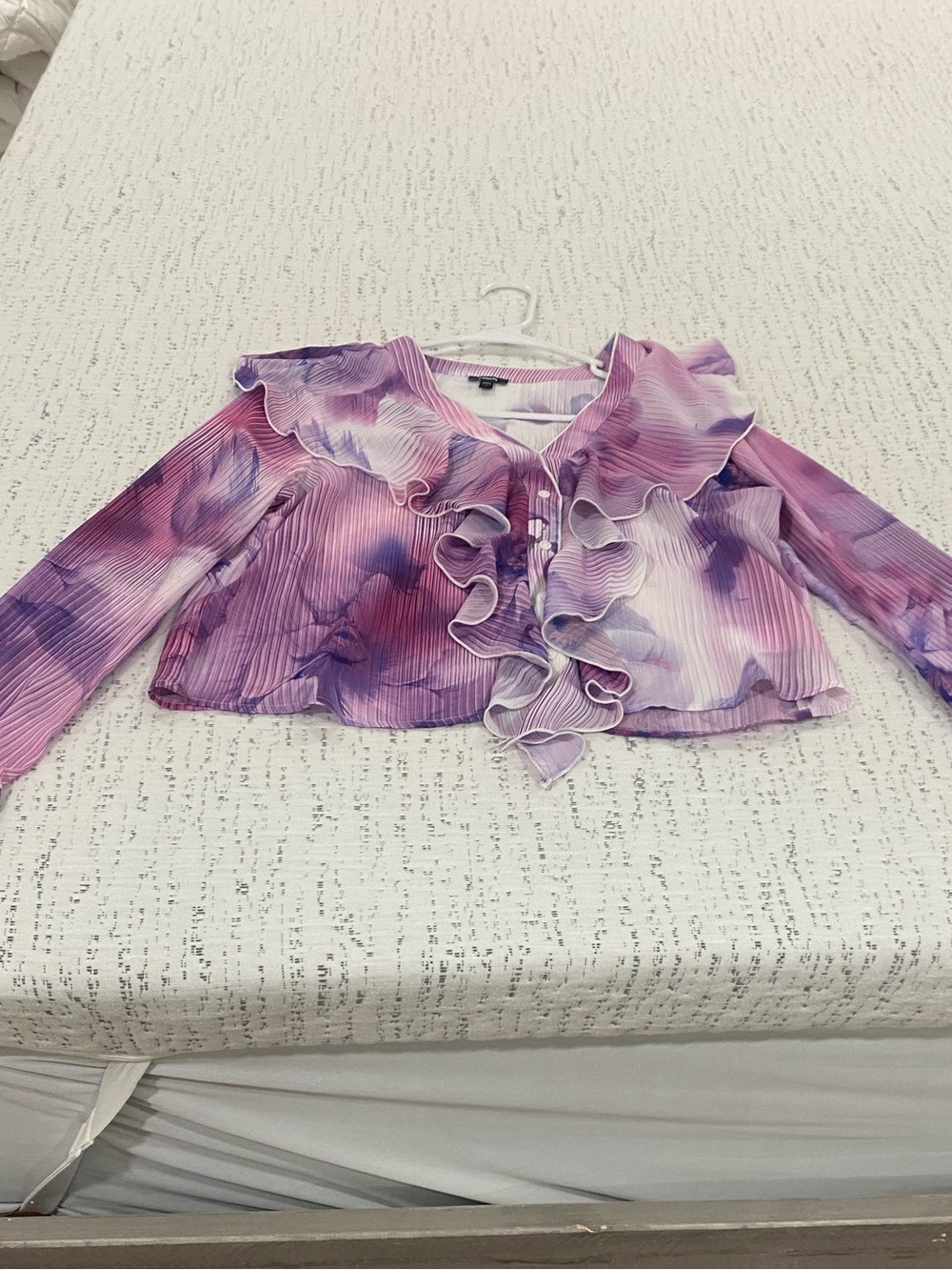 Express Lavender Floral Ruffle-Front Long Sleeve Top